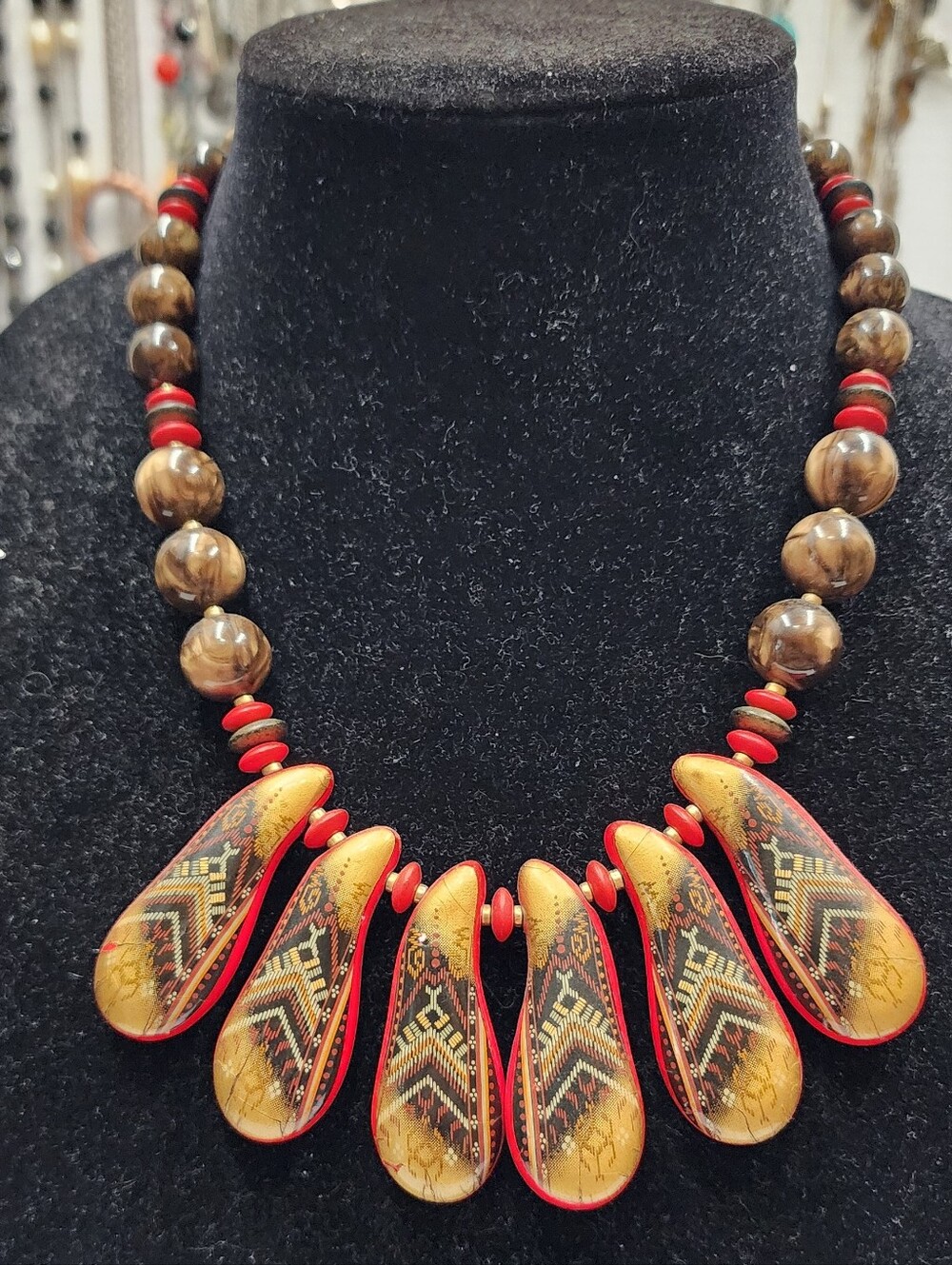 Tribal Red Brown Unique Vintage Painted Bead Boho Necklace